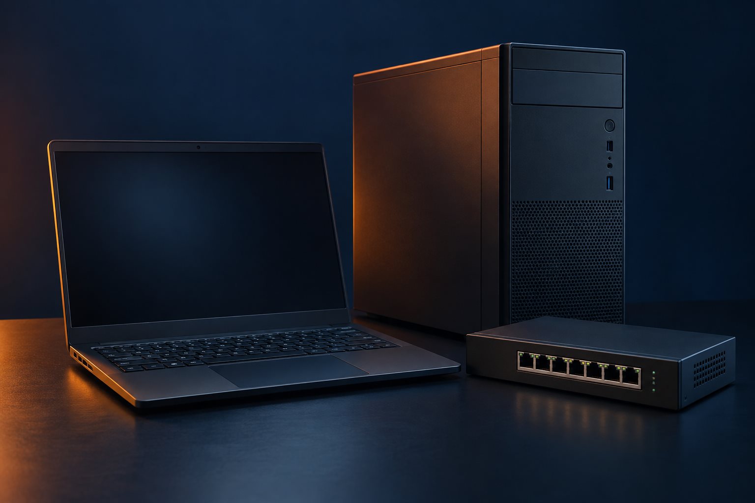 Ilustración de una computadora, una notebook y un equipo de red